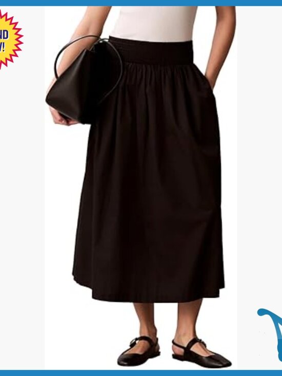 Dresses & Skirts - Cotton Poplin Smocked Waist Midi Skirt with Side Pockets